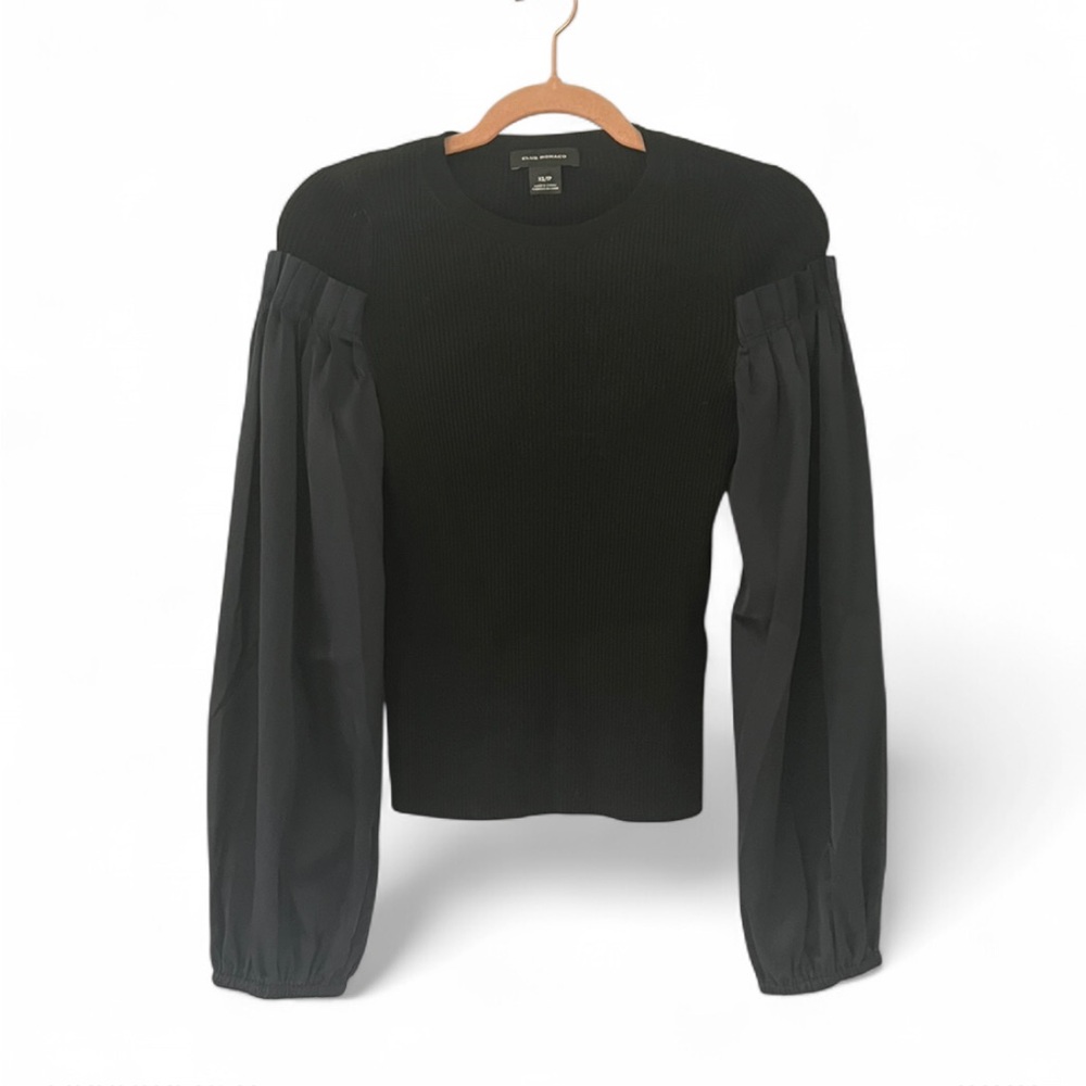 Club Monaco Black Ribbed Knit Top with Silky Blue Sleeves